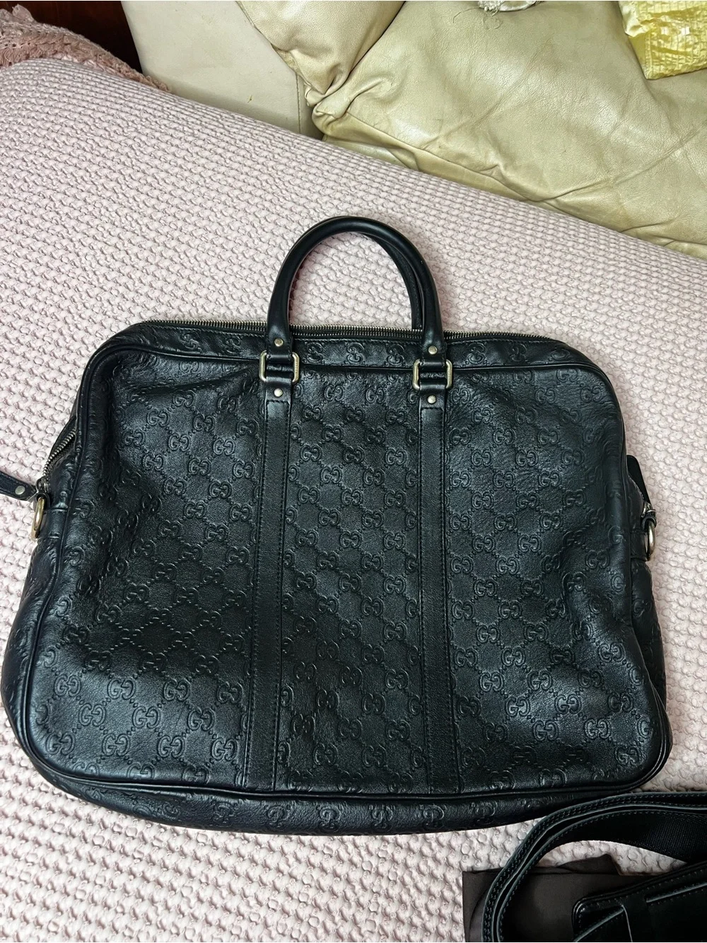 Gucci Black GG Monogram Leather Briefcase Case Bag + Entrupy COA & Dustbag